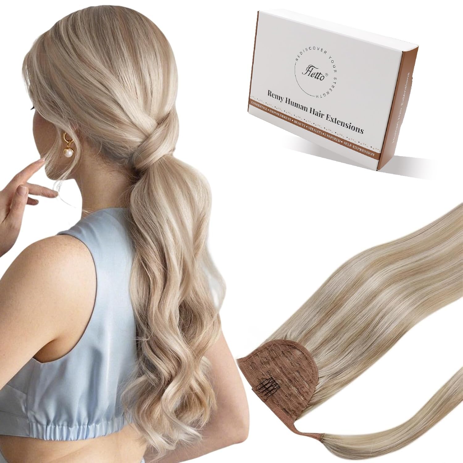 Hetto Ponytail Extension Human Hair Blonde Clip in Ponytail Human Hair Extensions Straight Real Hair Ponytail Extension Ash Blonde Natural Shiny for Party 12 Inch 70g #18/613