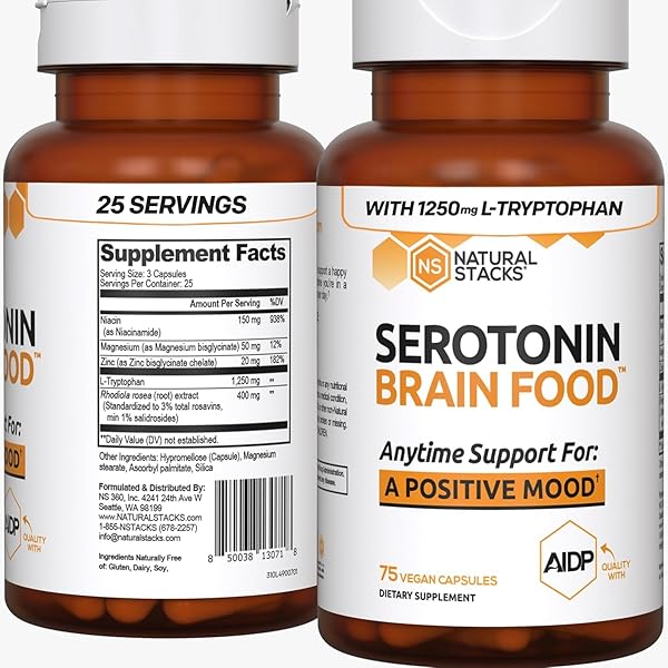 NATURAL STACKS SEROTONIN BRAIN FOOD W/L-TRYPTOPHAN & RHODIOLA ROSEA – MOOD SUPPORT SUPPLEMENT – PROMOTES POSITIVE MOOD, CALMNESS, STRESS RELIEF – HAPPY MOOD & BRAIN SUPPORT SUPPLEMENT – 75 CAPSULES
