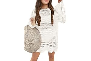 CharmWM Girls Long Sleeve Swim Coverups Kids Fashion Crochet Beach Dress 5-14 Years