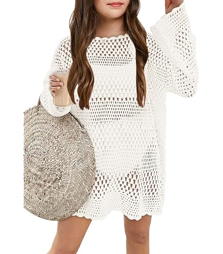Girl's Chiffon Beach Cover Up - V Neck Short Sleeve Bikini Cover Up, Drawstring Waist, White, Size 12Y