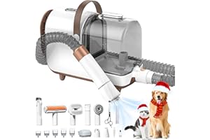 Bunfly Dog Grooming Kit,3L Large Capacity Dust Cup, 13000Pa Strong Grooming & Vacuum Suction 99.99% Pet Hair, 15 Pet Grooming Tools for Dogs and Cats, Quiet Pet Vacuum Groomer（Brown&White）