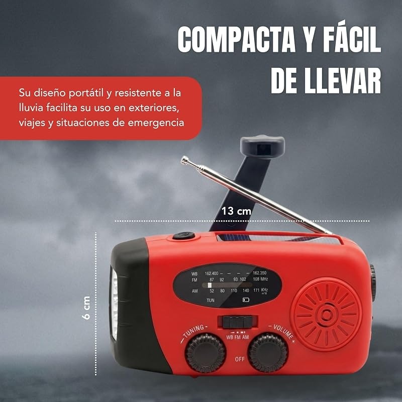 RÁDIO SOLAR DE EMERGÊNCIA com manivela e carregamento USB-C, rádio portátil AM/FM com bateria recarregável de 2000mAh, lanterna LED, power bank, ideal para campismo, sobrevivência, excursões, apagões e casa — foto 5 de 8