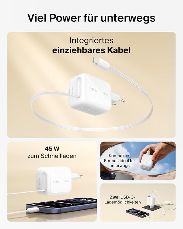 USB C Ladegerät 45W mit Einziehbarem 0,8 m USB-C-Kabel und USB-C-Anschluss, Netzteil, iPhone Schnellladegerät für iPhone-Serie 17 und 16, Galaxy S26-Serie, AirPods, Tablets, MacBook, Laptops