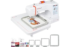 POOLIN EOC06 Embroidery Machine,7" Touchscreen,7.9"x11" Hoop Area,Computerized Home Embroidery Machine for Beginners Gifts,200 Built-in Designs,USB & Wireless,Software,4 Hoops,Thread,Bobbin,Stabilizer