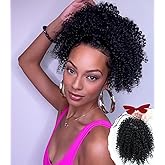 MKJVEN Afro Kinky Curly Drawstring Ponytail For Black Women,10 Inch Natural Curly Ponytail Extensions With Clips Synthetic Short Curly Hair Ponytail for Daily (1B)