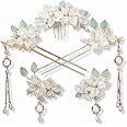 5 Pcs Camellia Flower Tassels Hairpin, Chinese Hanfu Flower Hairpin Crystal Rhinestone Pearl Hair Clips Headpiece, Retro Chinese Hanfu Wedding Brides Hair Accessories for Women Girls