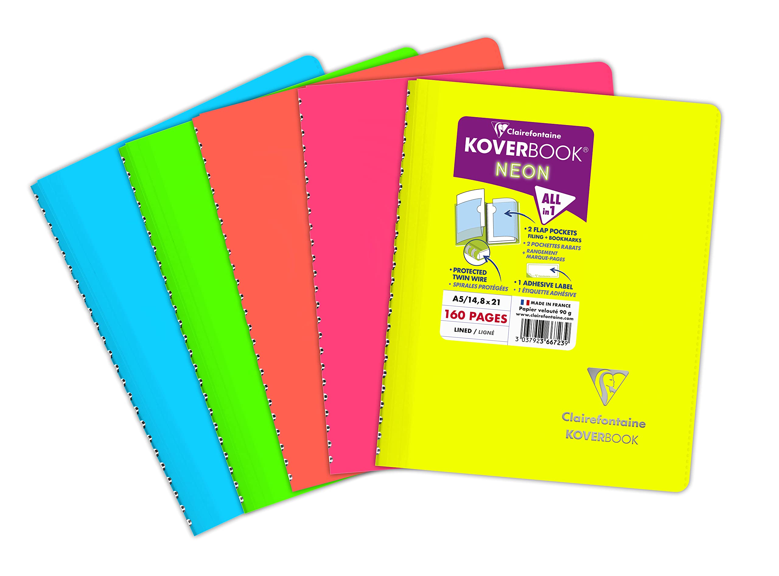 Clairefontaine 366723C - One Spiral Notebook Koverbook Neon - A5 14,8x21 cm - 160 Lined Pages - White Paper 90 g - Opaque Polypro Cover - Random Colour