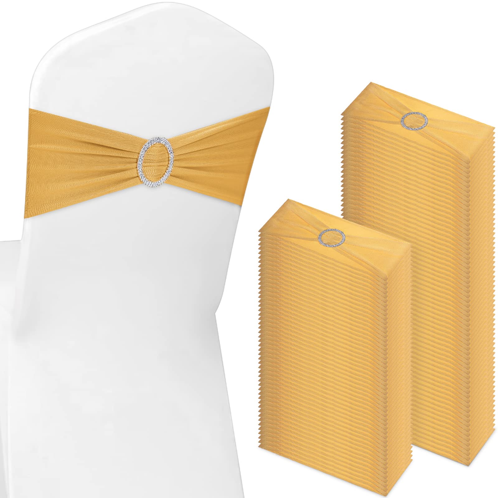 Photo 1 of CHENGU 150 Pieces Spandex Stretch Chair Sashes Bows Elastic Chair Cover Bands Ties with Buckle Slider for Wedding Party Reception Events Universal Ceremony Banquet Decorations(Gold)