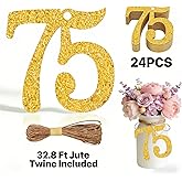ALISSAR 24PCS Gold 75 Number Tags with 32.8 Ft Jute Twine – 75th Birthday Decorations, 75th Anniversary Party Supplies, Mason Jar Centerpieces, Gift Wrapping & Table Decor Kit