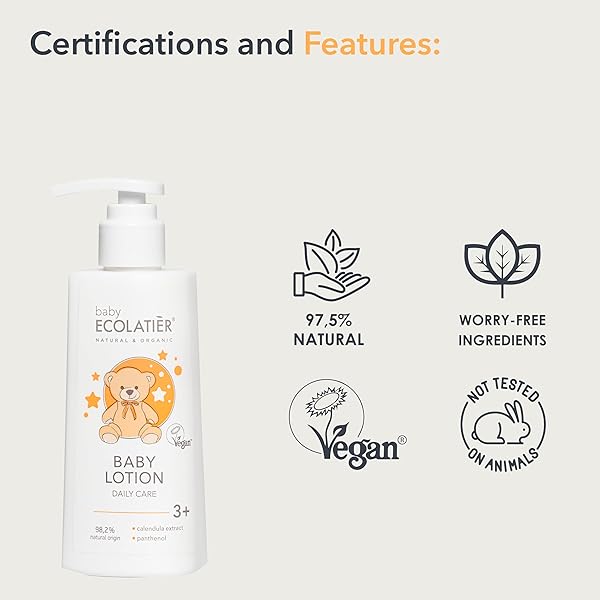 KIDS LOTION DAILY CARE 3+ WITH CALENDULA & PANTHENOL – GENTLE BABY MOISTURIZER FOR SENSITIVE SKIN, SOOTHING & HYDRATING, VEGAN, HYPOALLERGENIC, 8.5 FL OZ – ECOLATIER