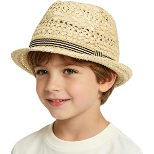Kids Straw Fedora Trilby Sun Hat Classic Cowboy Panama Hat Summer Travel Beach Short Brim Jazz Cap for Boys Girls 2-6 Years
