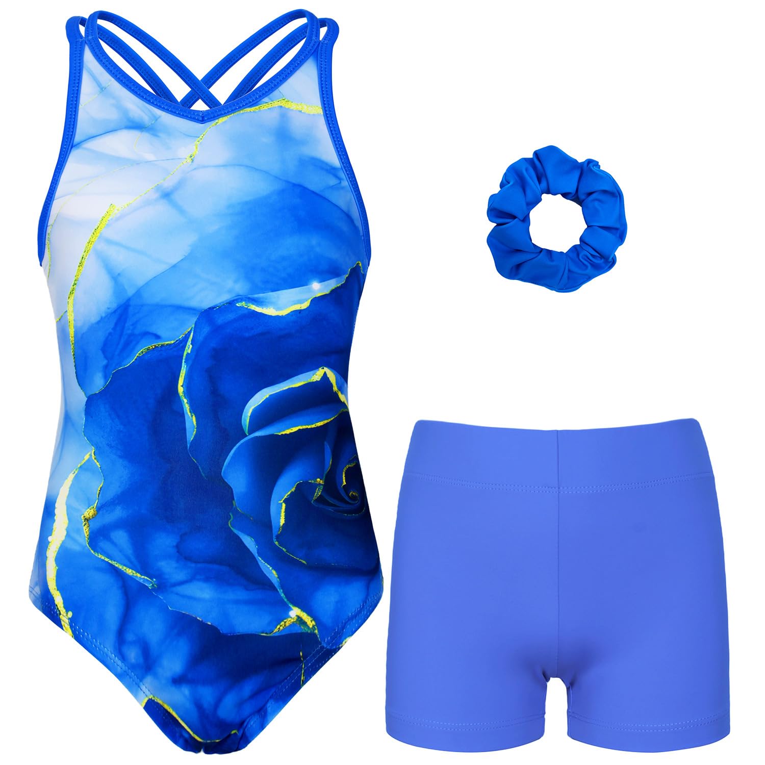 Photo 1 of JOYSTREAM Gymnastics Leotards for Girls With Polyamide Shorts Sparkly Ballet Dance Activewear Blue Cracks,8-9Years