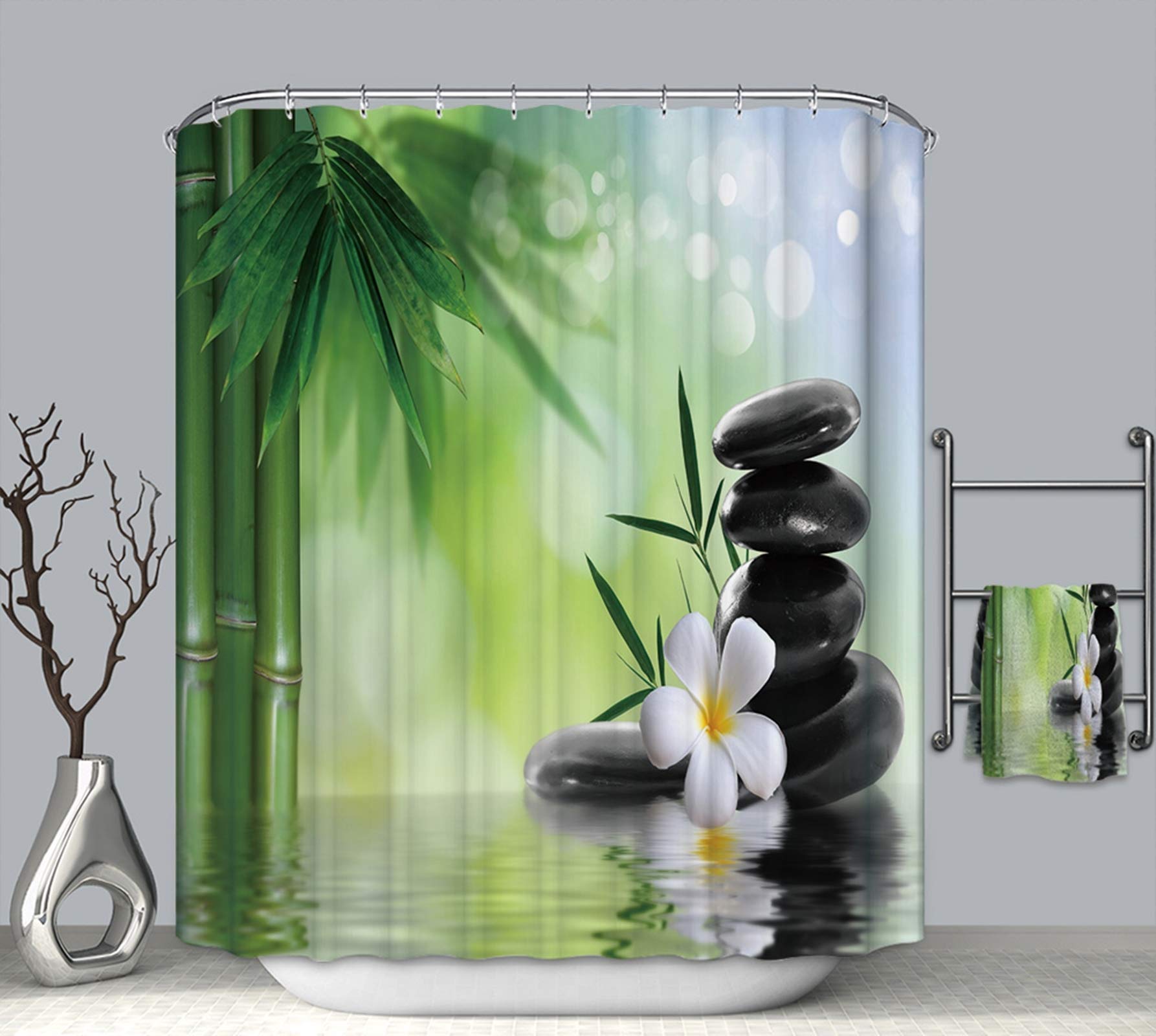 AMDXD Green Shower Curtain with Hook Anti-Mould Shower Curtain, Large Bamboo Stone Shower Curtain 180 x 200 cm