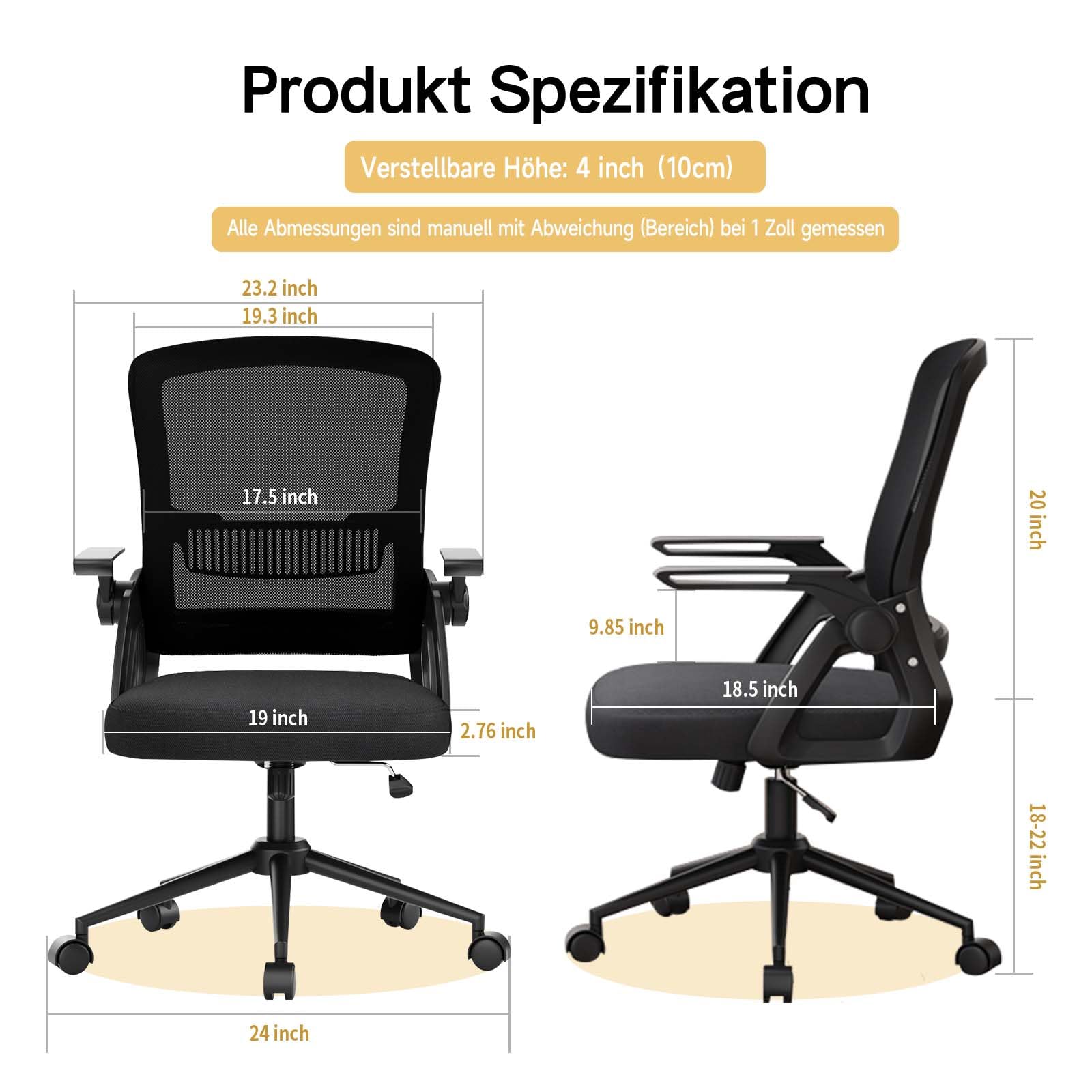 naspaluro Ergonomischer Bürostuhl mit Mesh-Rückenlehne und Lendenstütze, Höhenverstellbarer Schreibtischstuhl mit 90° Klappbaren Armlehnen, Drehstuhl für Homeoffice Büro, Schwarz 2