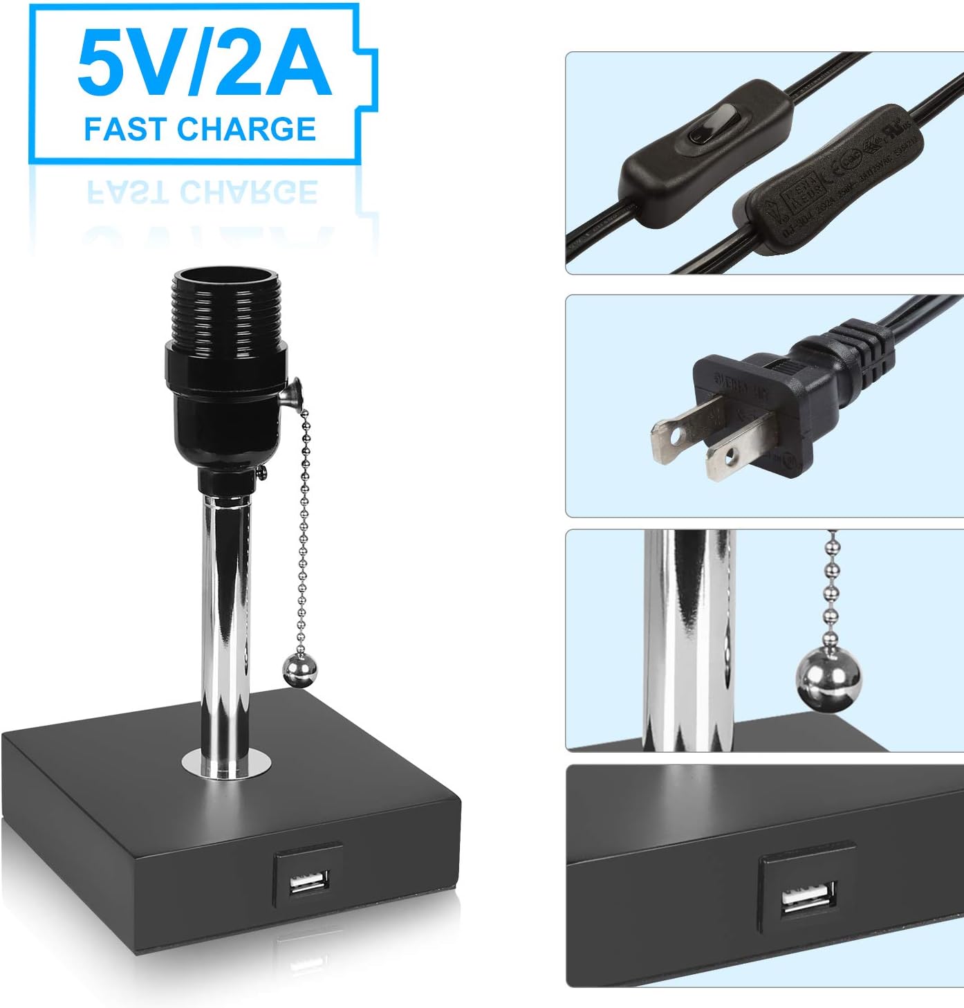 USB Table Desk Lamp, Grey Bedside Nightstand Lamp with USB Charging Port, Solid Wood Unique Lampshade,Convenient Pull Chain for Bedroom Living Room: Home Improvement