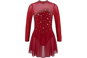 FEESHOW Youth Girls Shiny Rhinestones Mesh Long Sleeves Figure Ice Skating Ballet Dance Leotard Gymnastic Dress