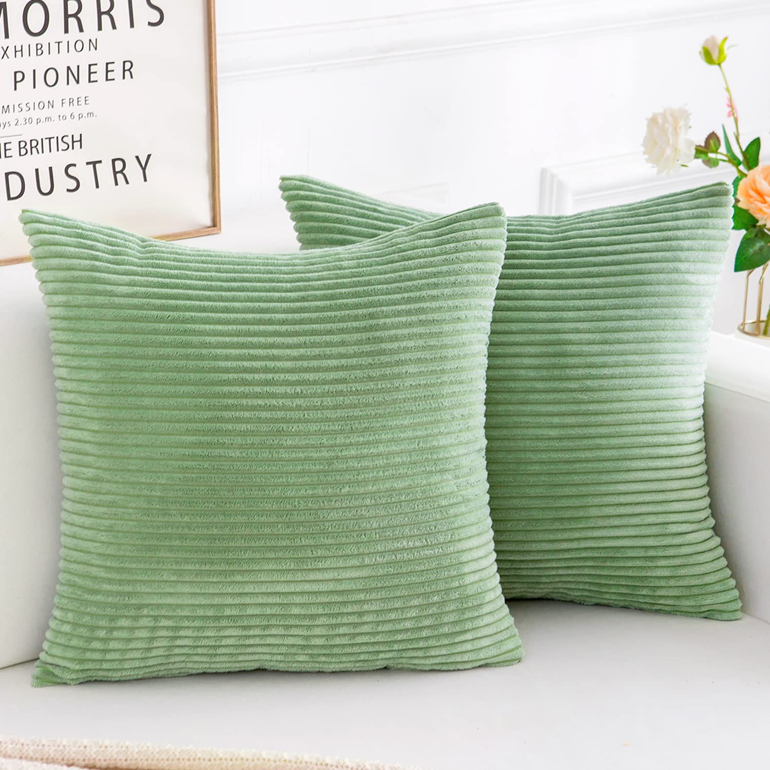 Yonous Corduroy Cushion Covers, Soft Square Decorative Throw Pillow Home Decor for Living Room Couch Bed Sofa, Set of 2 Pack, Bean Green, 45x45 CM / 18x18 Inch