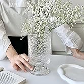 7 Inch Modern Glass Vase with Embossed Ribbed Base - Clear Hydroponic Design for Home Decor, Weddings Party Living Room, Dining Table Floral Arrangement Centerpiece