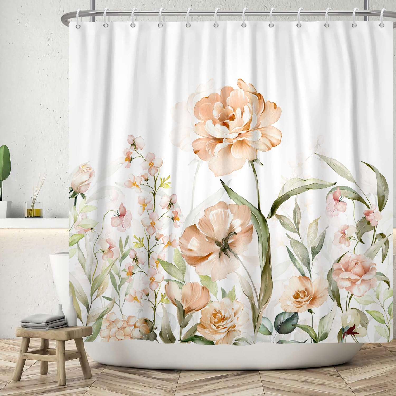 ASDCXZ Flower Shower Curtain 180x200 cm, Spring Hand Painted Rose Flower Green Leaves White Bath Washable Shower Curtains Polyester Textile Waterproof Bath Curtain for Bathtub with 12 Hooks — image 1