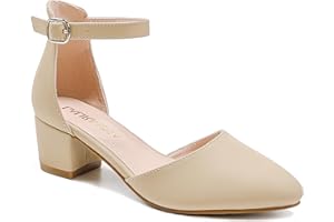 LAURMOSA Girls Sandals Closed Toe High Heels Formal Dress Shoes Ankle Strap Pointed Toe Heeled for Little Big Kids in Wedding Party Comfortable Thick Heels Block Chunky Pump Shoes