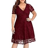 Women's Wedding Guest Plus Size Semi Formal Cocktail Lace Wrap V Neck Short Sleeve Knee Length Dress