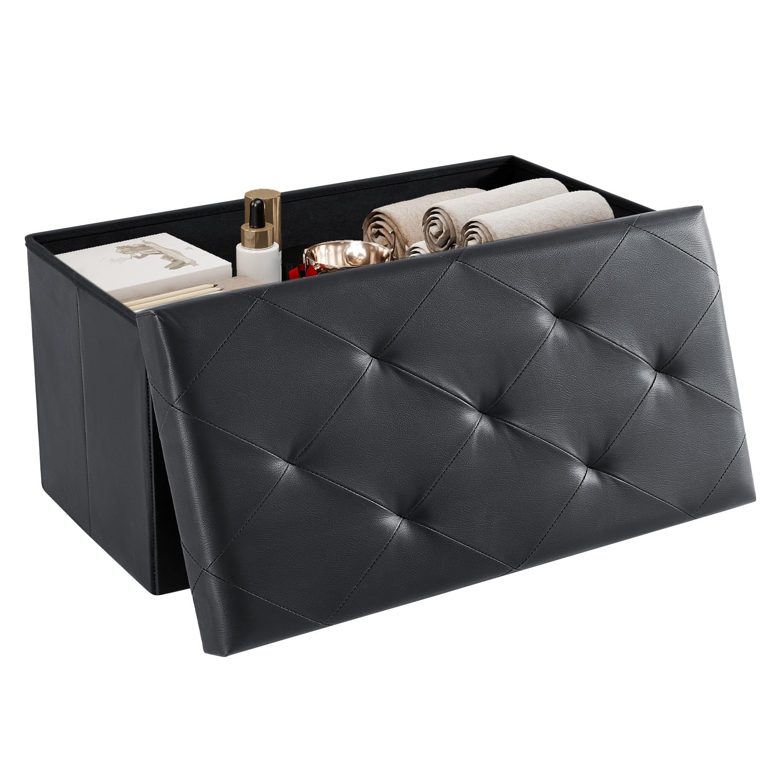 DUMOS Folding Storage Ottoman Bench 30in, Synthetic Leather Foot Rest Stools Ottoman with Storage Chest Footstool for Living Room, Bedroom, Load 660 lb, Vintage Black Image