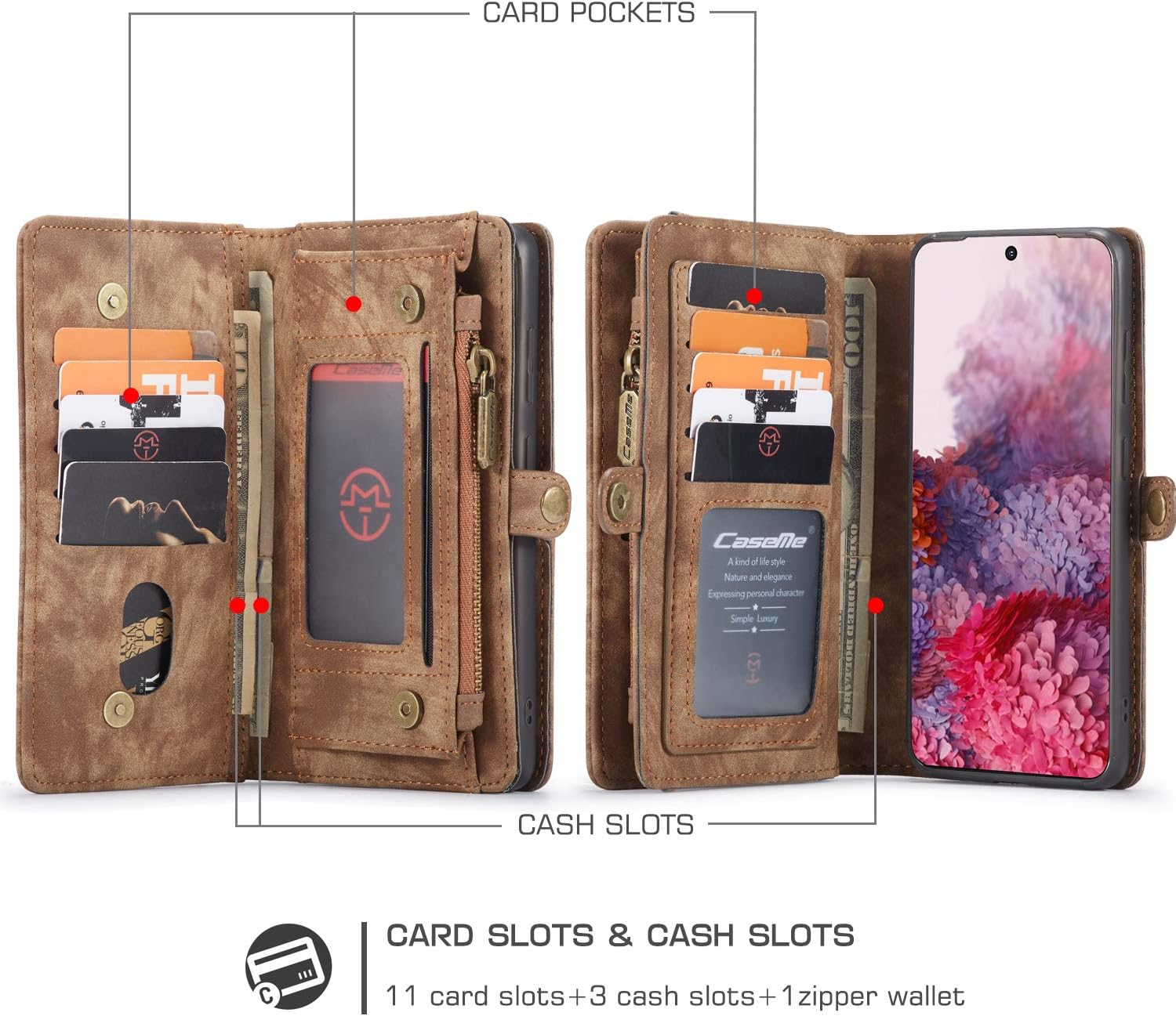 ANROD Detachable Leather Wallet Case for Samsung Galaxy S20 Plus,CaseMe Magnetic Closure 2-in-1 Flip TPU Shockproof Zipper Purse Back Cover with Card Slots (Coffee) - Image 4