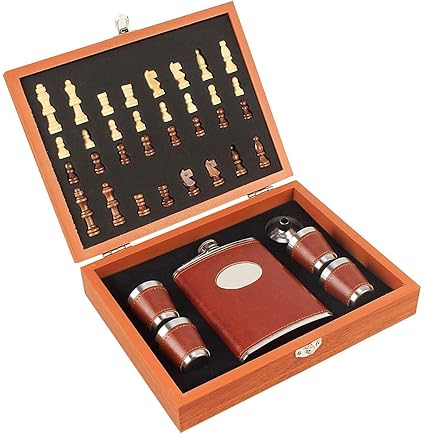 ProtosIndia.Net Stainless Steel Wooden Chess Gift Box Brown Hip Flask Taquilla Glasses Funnel Bar Set