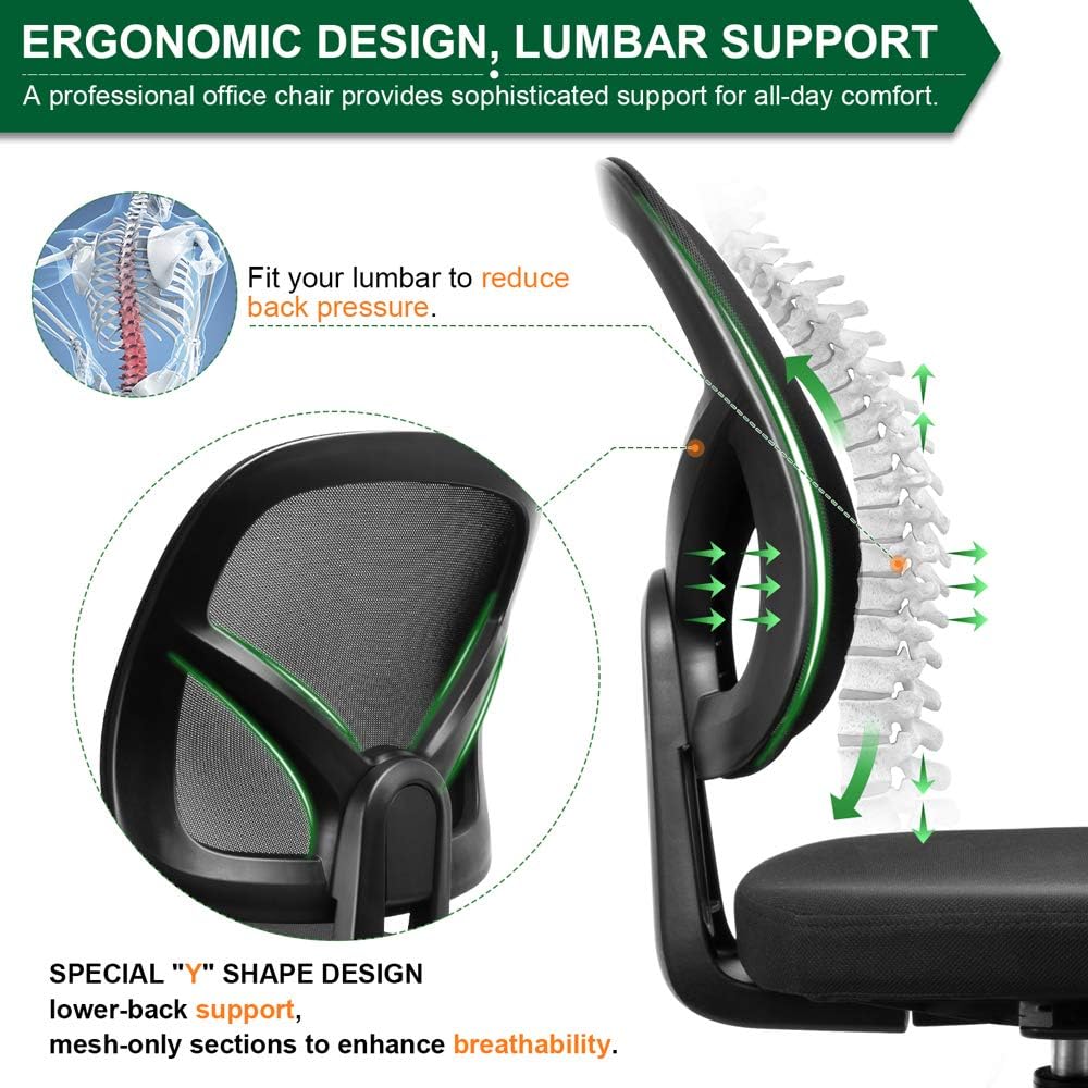 KOLLIEE Armless Mesh Office Chair Ergonomic Comfortable Armless Desk Chair Small Black Adjustable Computer Chair No Armrest Mid Back Swivel Task Chair for Small Spaces: Kitchen & Dining