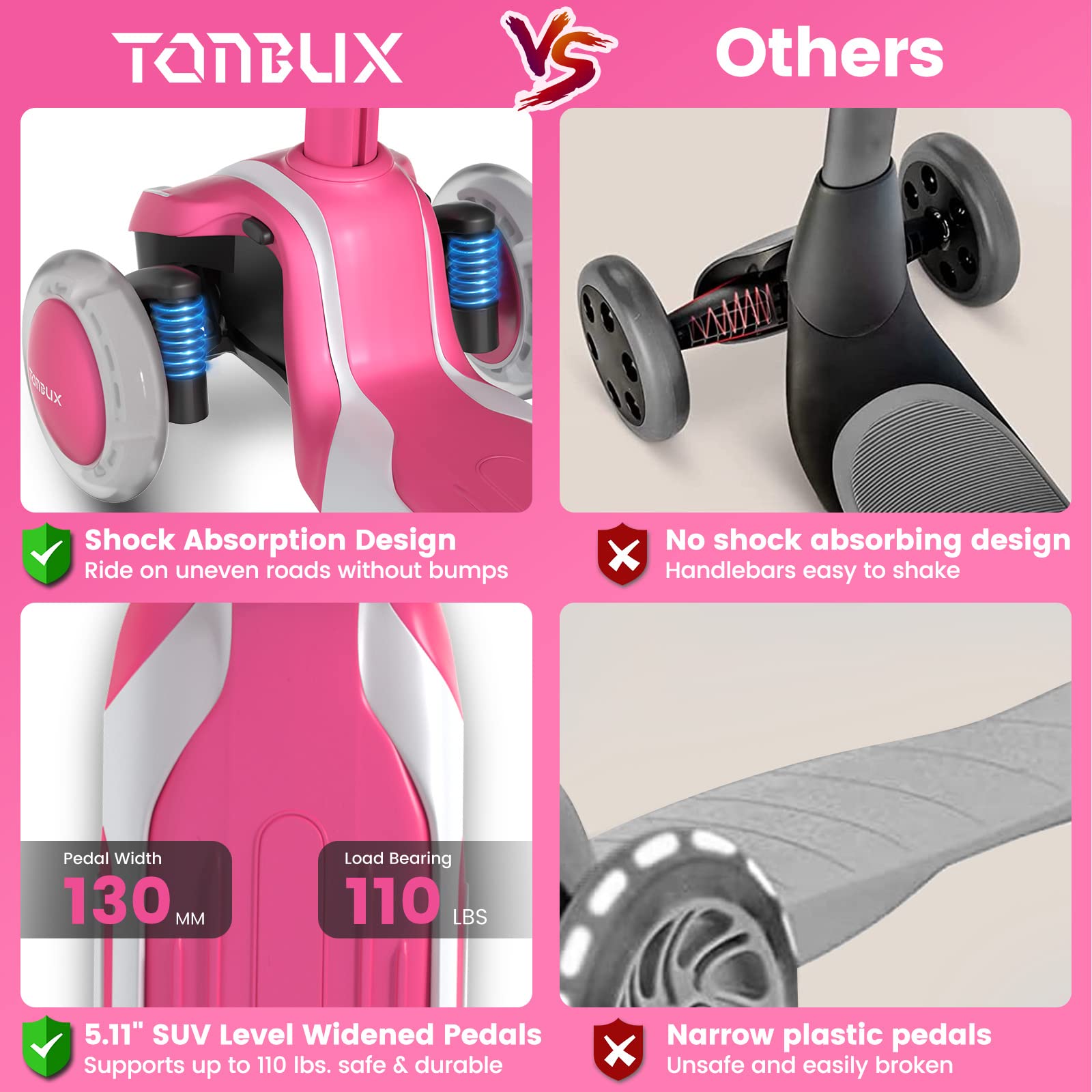 TONBUX Kids Scooter for Age 3-12, Toddler Scooter with 4 Adjustable Heights, Light Up 3-Wheels Scooter, Shock Absorption Design, Lean to Steer, Balance Training Scooter for Kids