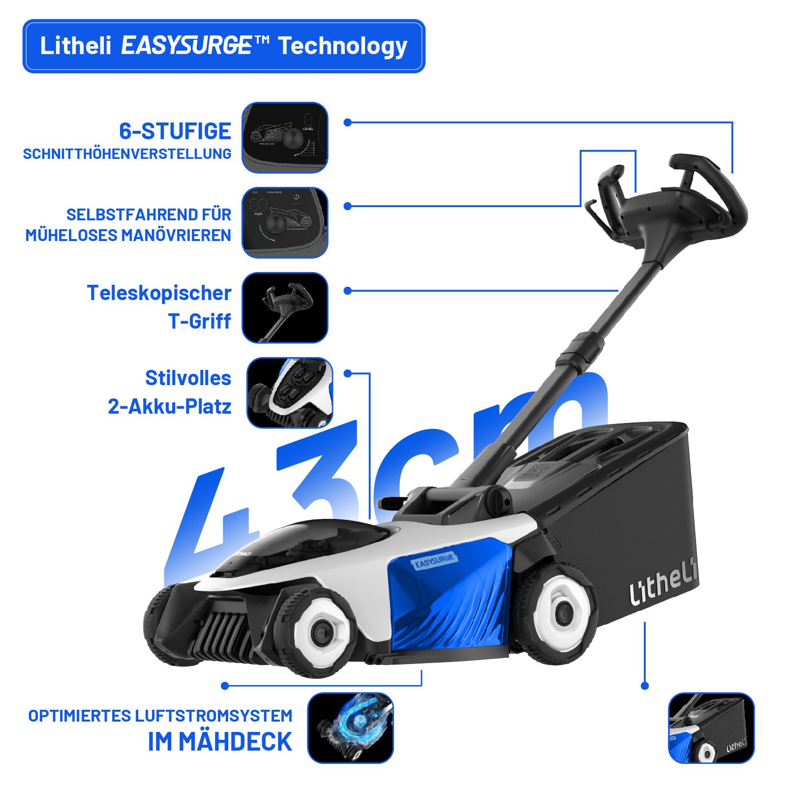 Litheli Easysurge Akku Rasenmäher, 40V/43cm Schnittbreite, Selbstfahrend (2,2-4,7 km/h), Bürstenloser Motor, bis 500 m², 50L Fangkorb, 25-75 mm Schnitthöhe, inkl. 2 x 4,0 Ah Akkus 2