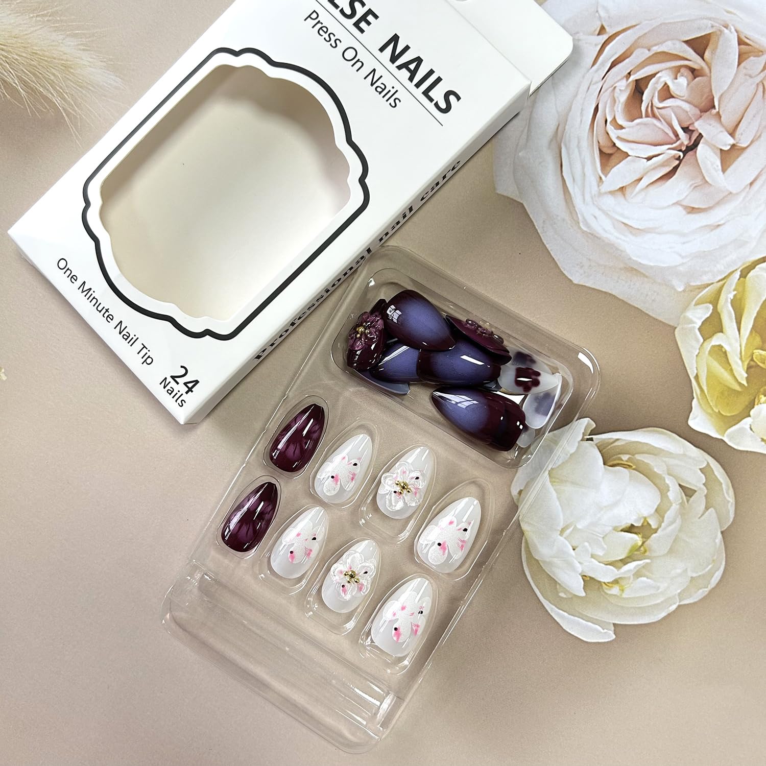 Press on Nails Medium Almond Shaped 3D Flower False Nails with Gold Pearl Design Brown Acrylic Nails Smudge Fake Nails Full Cover Coffin Nails Reusable Glue on Nails for Women 30Pcs - Image 4
