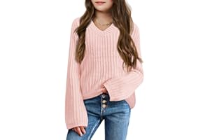 Imily Bela Girls Bell Sleeve V Neck Knit Sweaters Kids Fashion Crop Pullover Sweater Tops