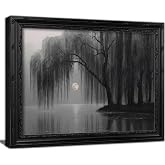 Yuantulan Vintage Dark Weeping Willow Tree Framed Wall Art | Moonlight Lake Landscape Print Moody Gothic Cottagecore Wall Decor for Living Room Bedroom Study 9x11 Inch