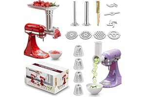GUANQIAO 21Pcs Meat Grinder & Cheese Grater Attachment for KitchenAid Stand Mixer, with 4 Grinding Plates, Metal Sausage Stuffer Tubes, 4 Slicer Shredder Attachment, Kitchen Aid Accessories and Attachments