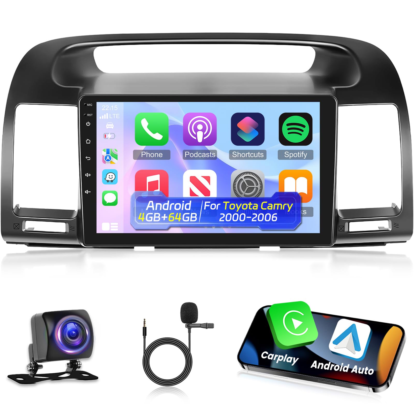 Photo 1 of [8Core 4+64G] NHOPEEW for Toyota Camry Radio 2000-2006 - Wireless Carplay and Android Auto - 9 Inch 1280 * 720 IPS Touchscreen Android Car Stereo - DSP/GPS/WiFi/SWC/Bluetooth + AHD Backup Camera
