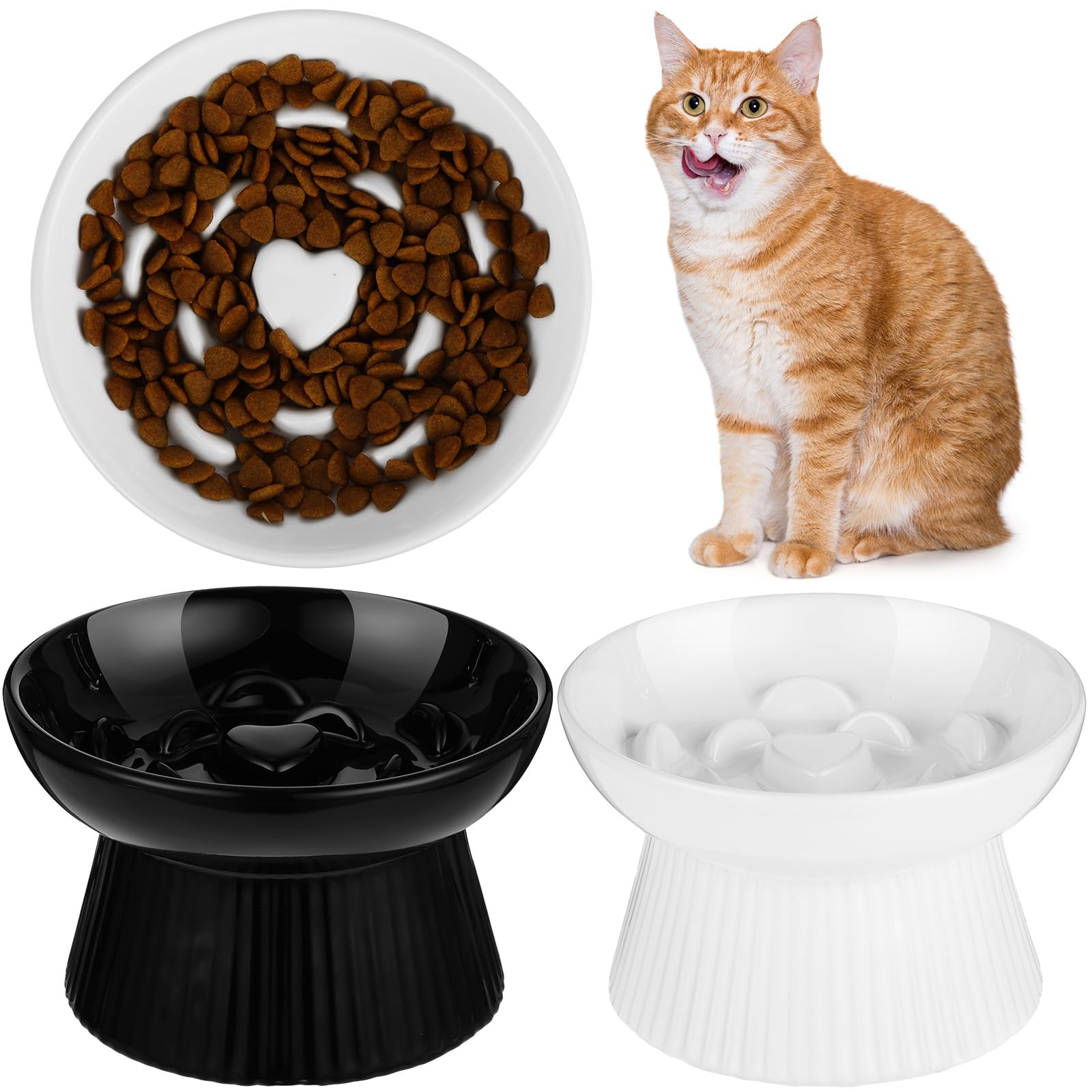 Photo 1 of Tioncy 2 Pcs Raised Cat Slow Feeder Bowl Ceramic Elevated Cat Dog Food Bowl No Spill High Edge for Dry Wet Food and Water Easy to Clean, Dishwasher Safe(Black, White)