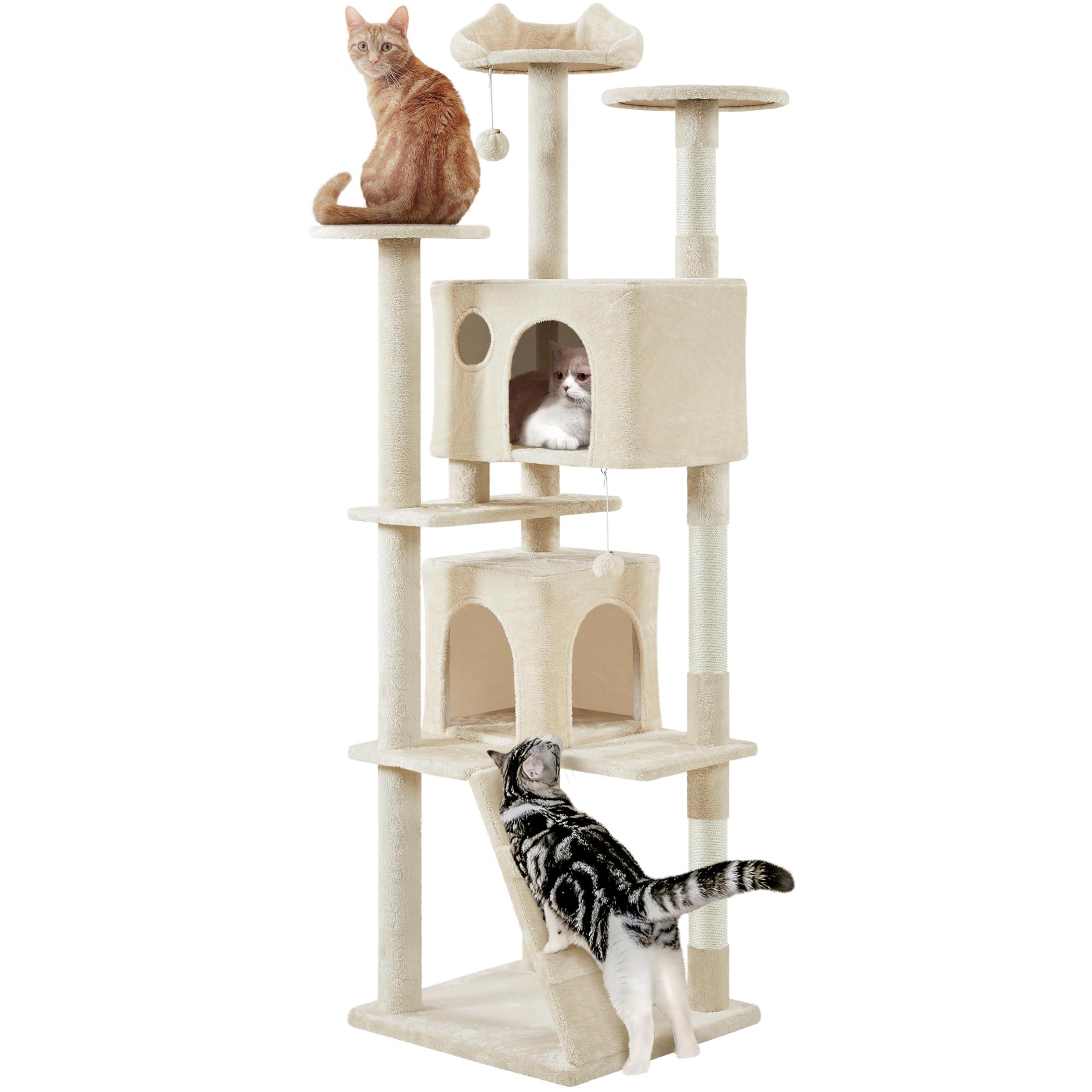 Yaheetech XL Cat Tree, 80in Multi-Level Cat Tower w/Scratching Posts, Double Condo, Perched Platforms and Dangling Balls, Pet Stand House for Kittens, Beige Image