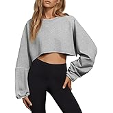 Tankaneo Womens Long Ballon Sleeve Sweatshirts Tops Cropped Crew Neck Loose Fit Casual Workout Shirts
