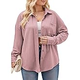 ROSRISS Plus-Size Tops for Women Casual Collared Button Down Blouses Cute Long Sleeve Waffle Knit Shirts with Pocket XL-5XL