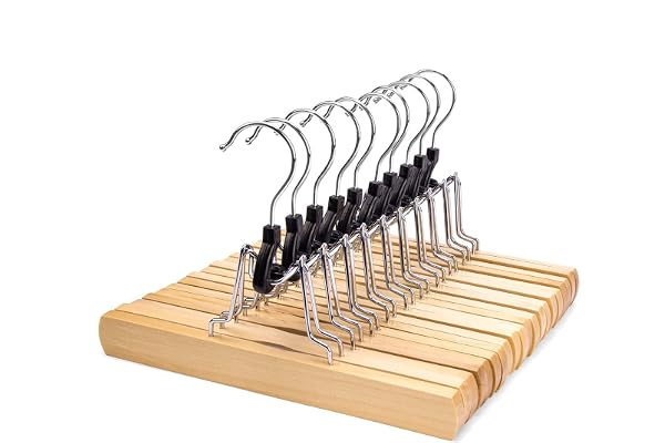 Nature Smile Wooden Pants Skirt Hangers, Smooth Finish Solid Wood Non Slip Jeans Slack Clamp Hangers Hair Extension Hangers (