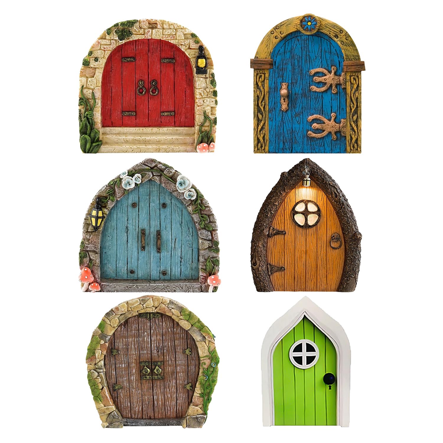 NXPWRC 6-Piece Miniature Wooden Fairy Garden Door Set, Multicolor, Modern Style, Wall Mount, Handcrafted, Unique Design, Intricate Wooden Doors