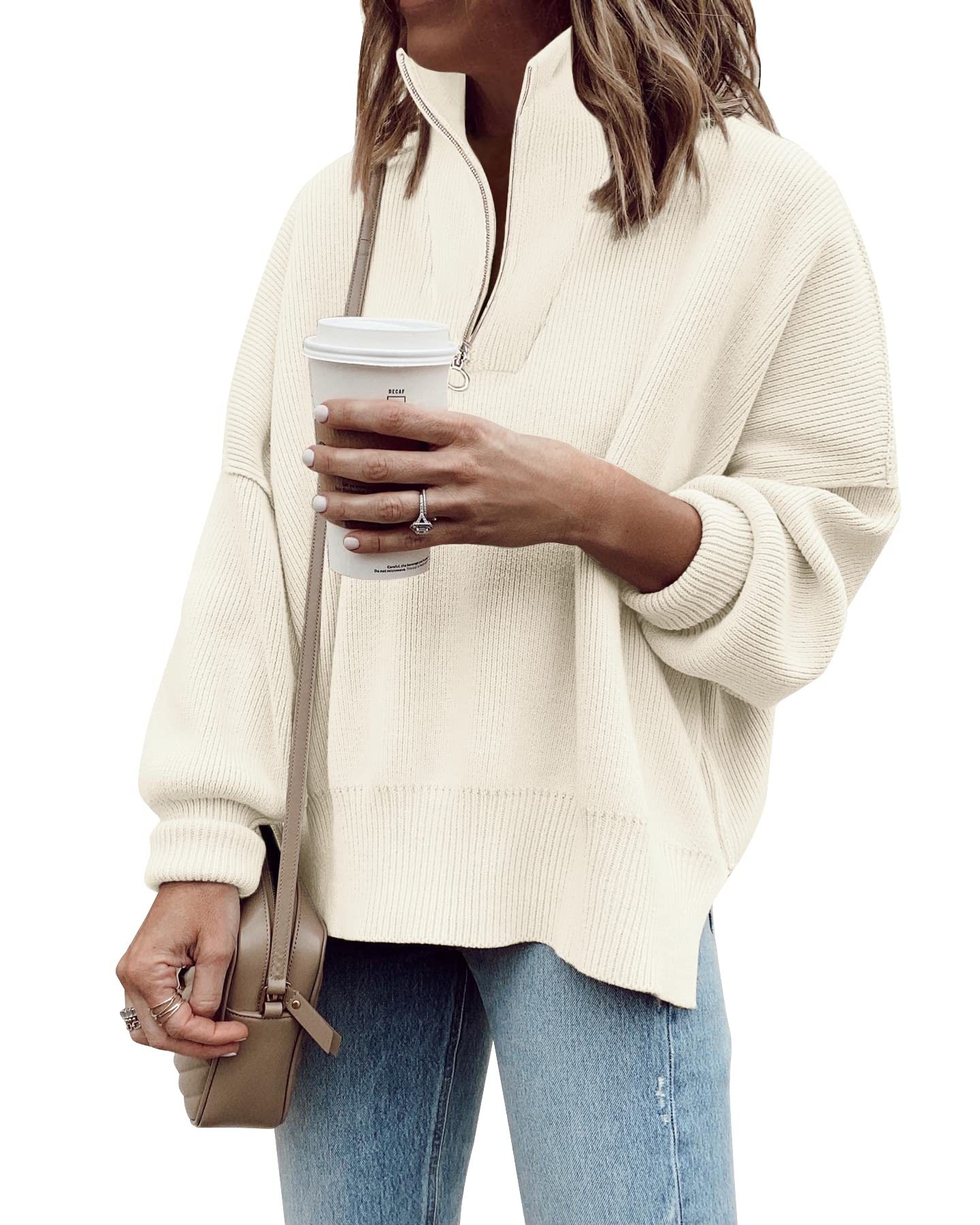 Photo 1 of *Minor Damage*
Imily Bela Womens Tunic Sweater Fall Long Sleeve 1/4 Zip Pullover Sweaters Oversized Slouchy Ribbed Knit Sweatshirt with Slit Beige, S-M