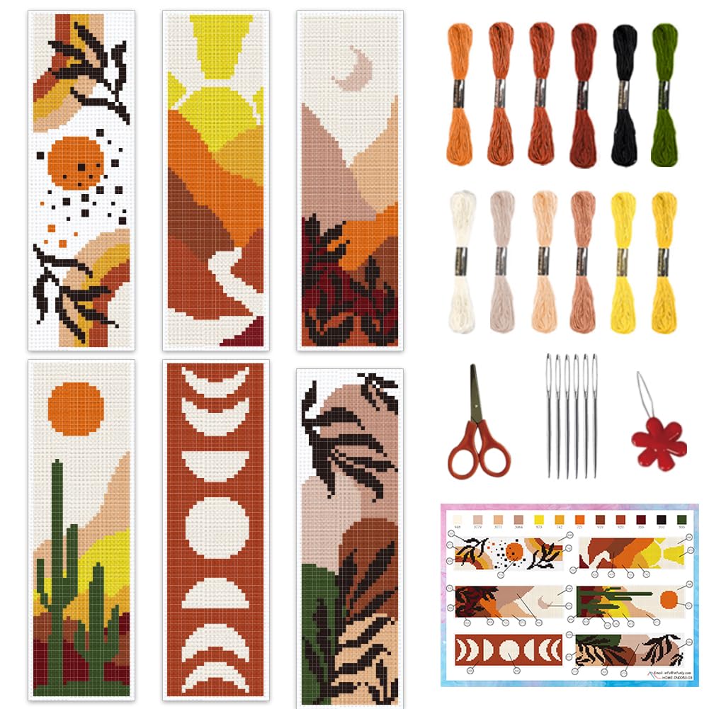 INFUNLY 6pcs Boho Landscape Cross Stitch Bookmark Kits Sun Moon DIY Bookmark Making Kit for Beginners Adults Retro Scenery Stamped Embroidery Bookmarks with Instruction for Book Lovers Reader Gift — image 1