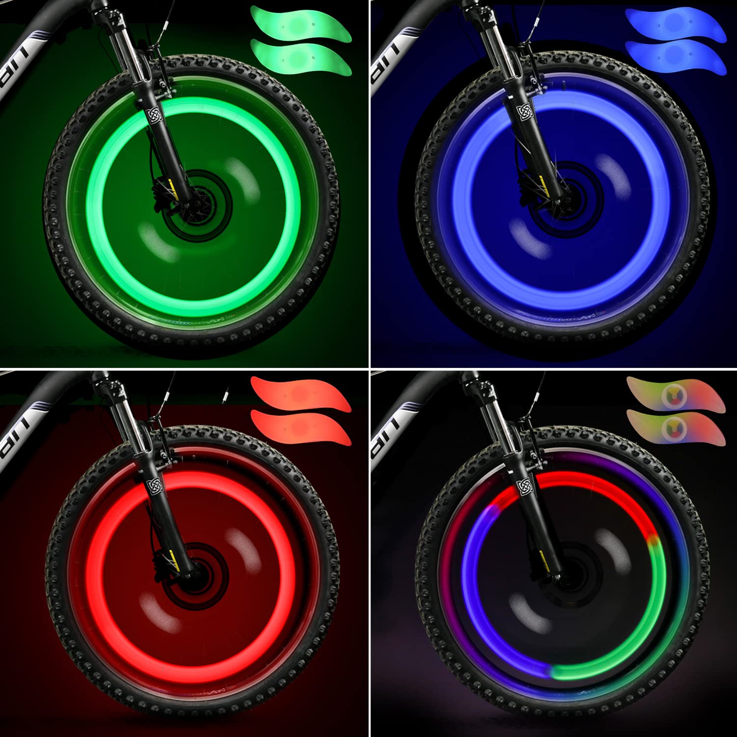 TAGVO 4pcs Bike Spoke Light(Red+Green+Blue+Multicolour) with Delicate Box,Waterproof Easy Install Wheel Spoke Lights LED Neon Tire Flash Lamp with 3 Flash Modes,for Both Adults Kids Bike