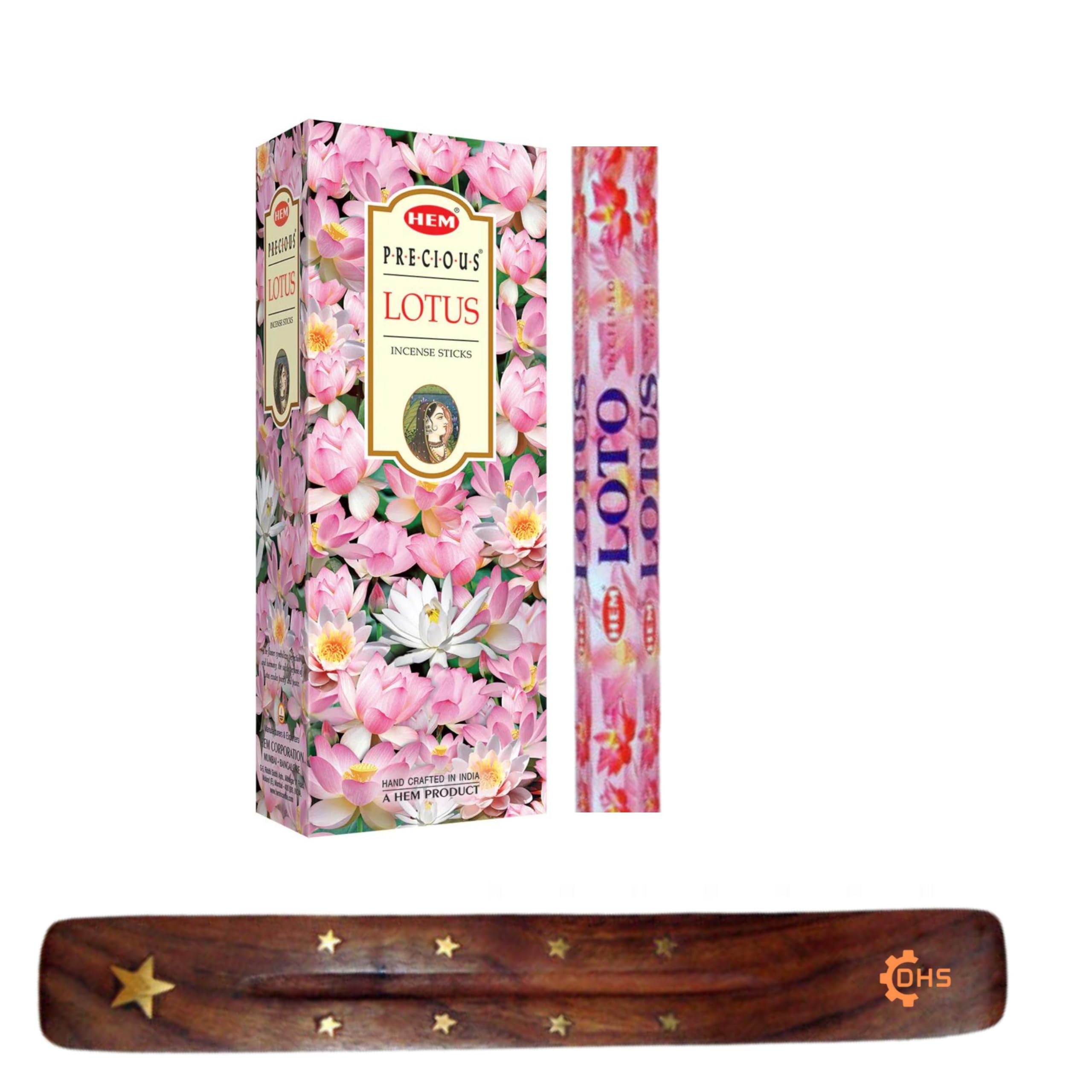 HEM Incense sticks PRECIOUS LOTUS Full box of 6 with DHS incense stick holder for Yoga, Meditation, Healing, Spirituality, Aromatherapy, Incense Spa and Relaxation…