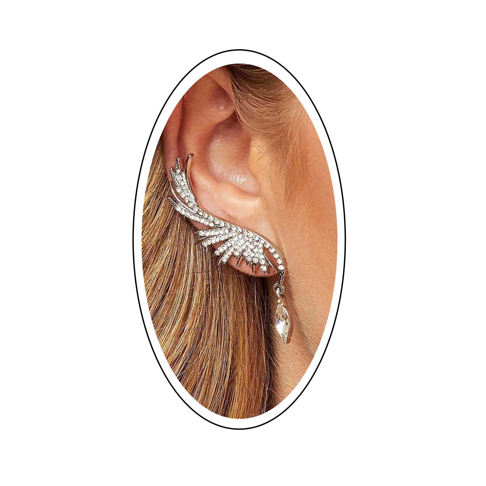 Yienate Fashion Silver Feather Earrings Angel Wings Crawler Climber Water Drops Shiny Zircon Rhinestones Ear Bones Clip Stud Earrings for Women and Girls