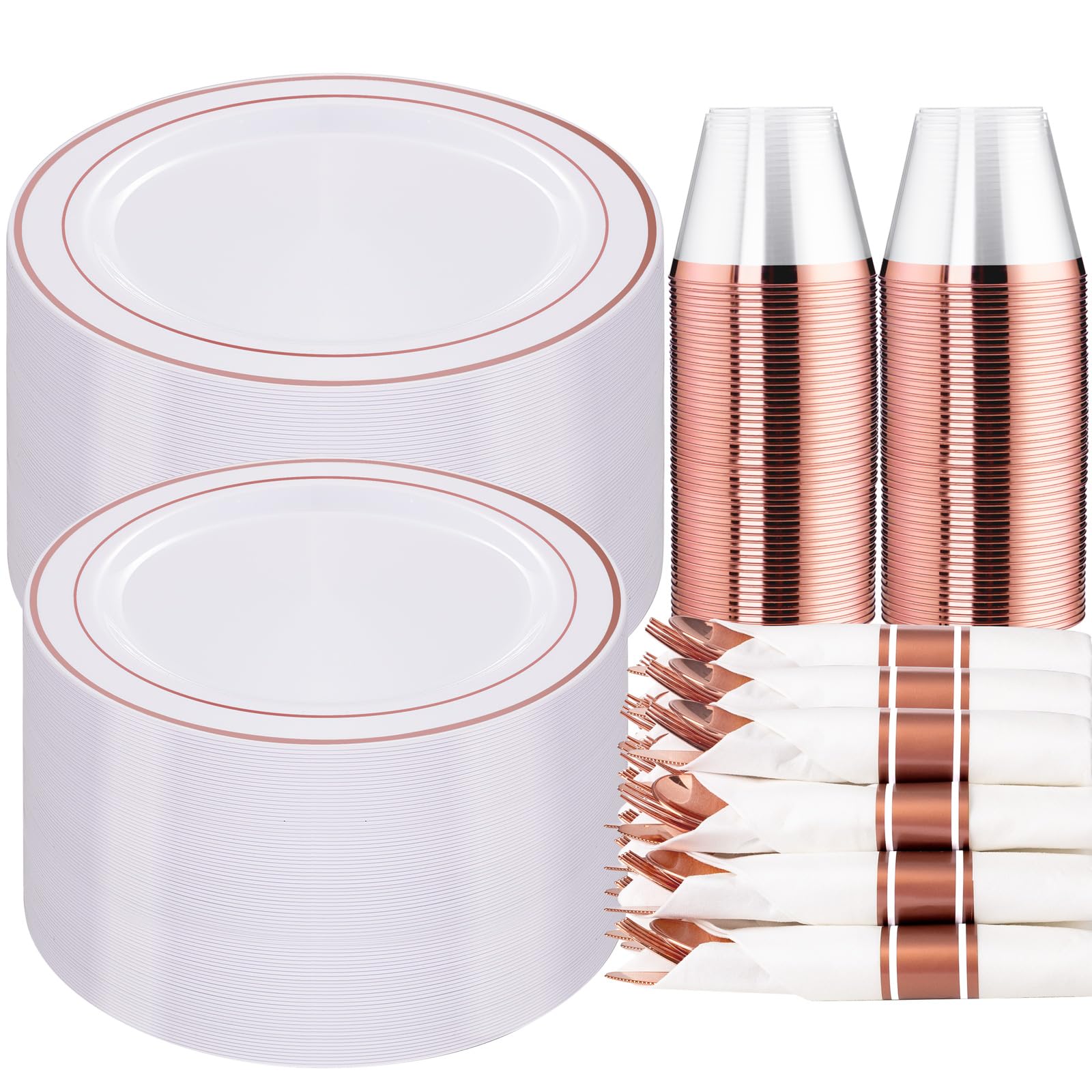 Photo 1 of WELLIFE 350 Pieces Rose Gold Plastic Dinnerware, 50 Guests Disposable Plates with Rose Gold silverware and Cups, 50 Pre Rolled Napkins with Cutlery, Perfect for Wedding and Party