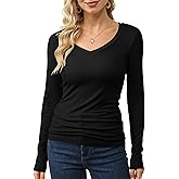 GEMBERA Women’s V Neck Ribbed Knit Long Sleeve Tops Casual Slim Fitted Basic Shirts