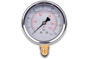 Dpm Tapes Industrial Pressure Gauge, Stainless Steel, 2.48" Radial Connection, 1/4 Glycerin (0-230 psi)